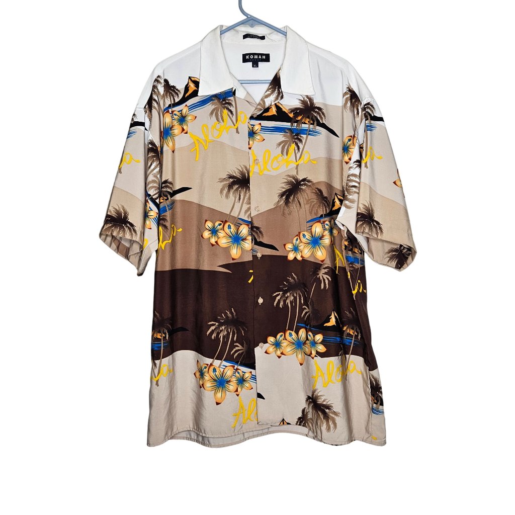 Koman Sport Hawaiian Aloha Shirt Xl 100% Polyester Button Down Vacation Resort